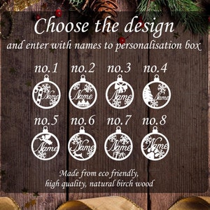 May include: Eight different designs for personalized Christmas ornaments, each featuring a unique design with snowflakes, a candy cane, a tree, a bow, an angel, a reindeer, a gift box, and a paw print. The ornaments are made from eco-friendly, high-quality, natural birch wood.