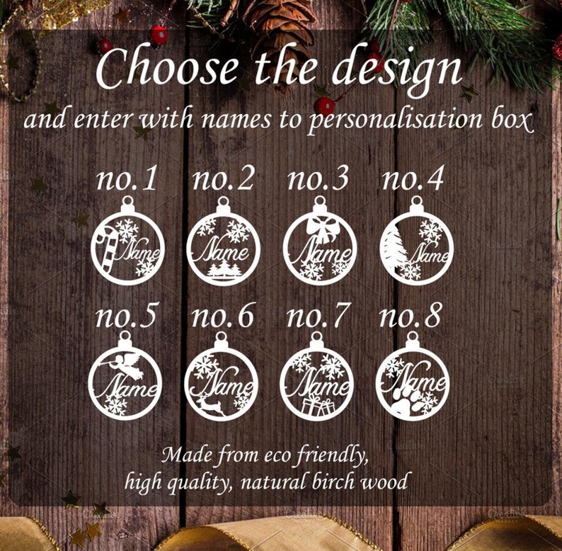 May include: Eight different designs for personalized Christmas ornaments, each featuring a unique design with snowflakes, a candy cane, a tree, a bow, an angel, a reindeer, a gift box, and a paw print. The ornaments are made from eco-friendly, high-quality, natural birch wood.