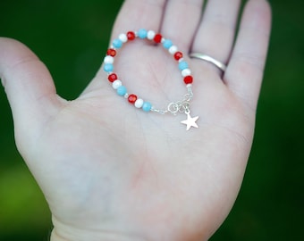 Fourth of July Bracelet: Sterling Silver Star Charm, Red White & Blue