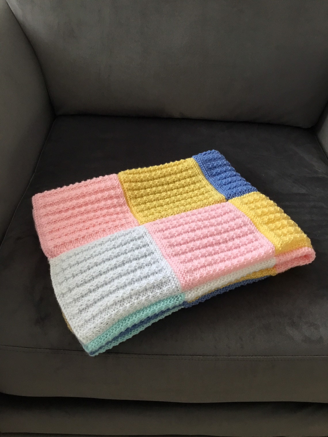 Hand Knitted Patchwork Baby Blanket. Etsy UK