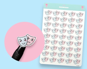 May include: A sheet of 48 stickers featuring a pair of cartoon theater masks. The masks are in blue and pink with happy and sad expressions. The stickers are on a white background.