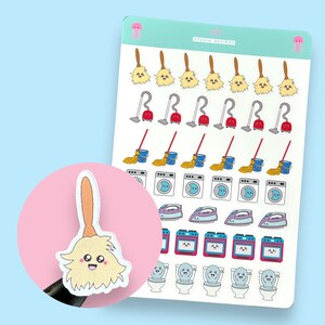 May include: A sheet of colourful stickers featuring various household cleaning items with cute cartoon faces. The stickers include a broom, vacuum cleaner, mop, bucket, washing machine, iron, stove, and toilet. The stickers are perfect for adding a touch of fun to your planner or journal.