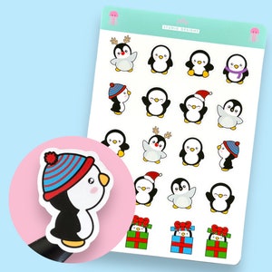 Festive Cute Penguins Planner Sticker Sheet, Christmas Stickers
