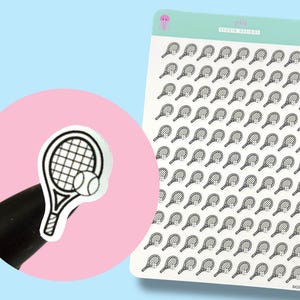 May include: Sheet of tennis-themed stickers featuring a black and white tennis racket and ball design. The stickers are on a white background with a light blue background. A close-up shows a single sticker on a pink background.