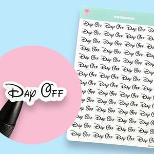 May include: A sheet of stickers with the text "Day Off" in a whimsical font, alongside a single sticker and a black pen. The stickers are white with black lettering, and the background is a light blue.