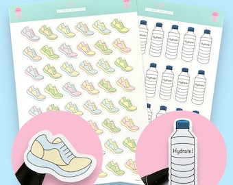 Healthy Living Habit Tracker Planner Sticker Sheet Set, Step Count & Colour In Water Bottle Trackers