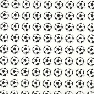 May include: A grid of small, circular stickers featuring black and white soccer balls. The soccer balls have a classic pentagon and hexagon pattern. The stickers are arranged in neat rows and columns on a white background.