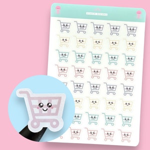Cute Pastel Shopping Trolley Planner Sticker Sheet, Grocery Cart Stickers