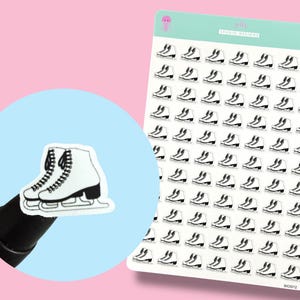 May include: A sheet of stickers featuring black and white ice skates. The stickers are arranged in rows and columns on a white background. A single ice skate sticker is shown on a blue circle, and the background is pink.