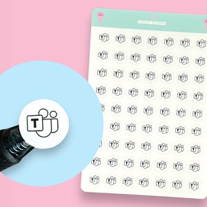 May include: A sheet of white sticker paper with 64 black and white Microsoft Teams logo stickers. The stickers are in a circle shape and feature a stylized icon of three people and the letter "T" in a square.