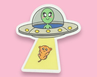 Adorable Alien Abduction Kitty Waterproof Sticker