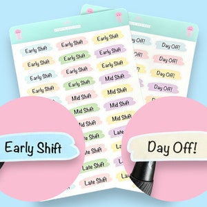 May include: Sheets of colorful planner stickers with text labels like "Early Shift," "Mid Shift," and "Day Off!" The stickers have a pastel color palette and are designed with a whimsical, hand-drawn style. The background is a light blue.