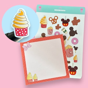 May include: A set of Disney-themed stickers featuring Mickey Mouse, Minnie Mouse, and various food items like popcorn, ice cream, and pretzels. The stickers are on a white background with a pink border. The stickers are perfect for adding a touch of Disney magic to your planner, journal, or scrapbook.
