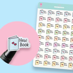 Könnte beinhalten: Eine Blatt mit bunten Aufklebern mit rosa Hintergrund. Die Aufkleber zeigen ein Buch mit zwei Herzen und dem Text "Neues Buch".