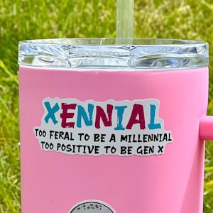 May include: Pink travel mug with a sticker that says "Xennial Too feral to be a millennial Too positive to be Gen X"