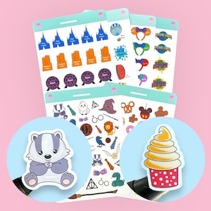 May include: A set of 10 sticker sheets featuring various themes, including Disney, Harry Potter, and Universal Studios. The stickers are colourful and feature a variety of characters and designs.