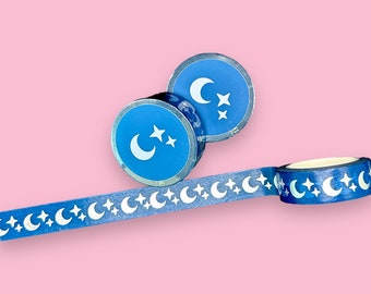 Celestial Silver Foil Washi Tape Roll, Moon And Stars Washi Tape, Moon Phase Washi