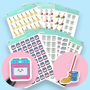 May include: A set of 10 sheets of colourful stickers featuring cute cartoon illustrations of household cleaning supplies and appliances. The stickers include a broom, a vacuum cleaner, a toilet, a bin, an iron, a washing machine, and a stove.