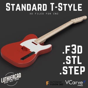 Può includere: Un corpo di chitarra elettrica rosso con un battipenna bianco e un manico in acero. La chitarra è uno stile T standard ed è progettata per la lavorazione CNC. L'immagine include il testo "STANDARD T-STYLE", "3D FILES FOR CNC", "LUTHIERCAD DESIGN BUILD REPAIR", ".F3D", ".STL", ".STEP", "AUTODESK FUSION 360" e "VCarve PRO".