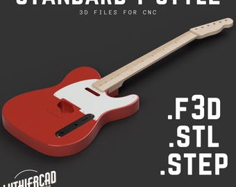 May include: A red electric guitar body with a white pickguard and a maple neck. The guitar is a standard T-style and is designed for CNC machining. The image includes the text "STANDARD T-STYLE", "3D FILES FOR CNC", "LUTHIERCAD DESIGN BUILD REPAIR", ".F3D", ".STL", ".STEP", "AUTODESK FUSION 360", and "VCarve PRO".