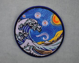 Patch circulaire de La vague, écusson thermocollant brodé, fer sur patch, patch à coudre, customiser vêtements et accessoires