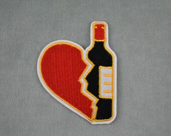 Patch mi cœur mi vin vintage thermocollant, écusson brodé sur fer