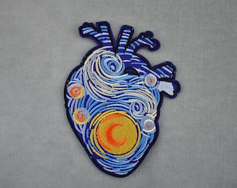 Patch Toile Van Gogh en cœur, écusson thermocollant brodé, fer sur patch, patch à coudre, customiser vêtements et accessoires