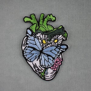 Heart patch with blue butterfly, embroidered iron-on art badge, iron on patch, sewing patch, customize clothing and accessories