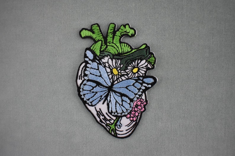 Heart patch with blue butterfly, embroidered iron-on art badge, iron on patch, sewing patch, customize clothing and accessories image 1