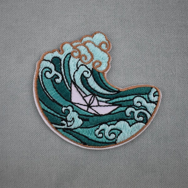 Paper boat patch between the waves iron-on, embroidered badge on iron