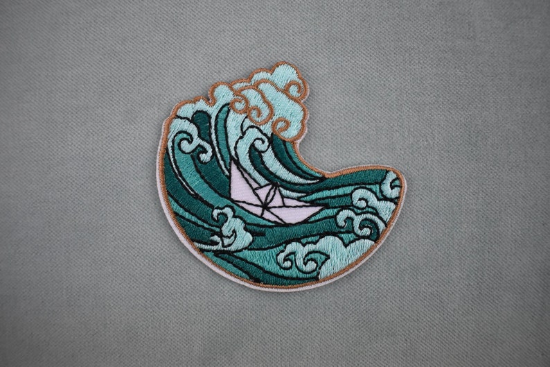 Paper boat patch between the waves iron-on, embroidered badge on iron image 1