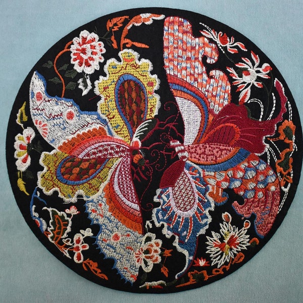 Patch papillons Chinois thermocollant brodé, Applique orient brodée à coudre