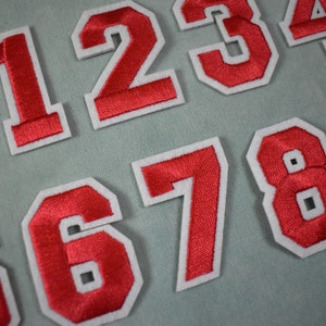 Red number patches, iron-on embroidered number patches, to customize clothing and accessories