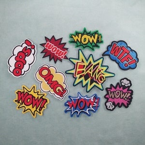 Embroidered iron-on comic onomatopoeia patch, pantonym badge, customize clothing and accessories image 1