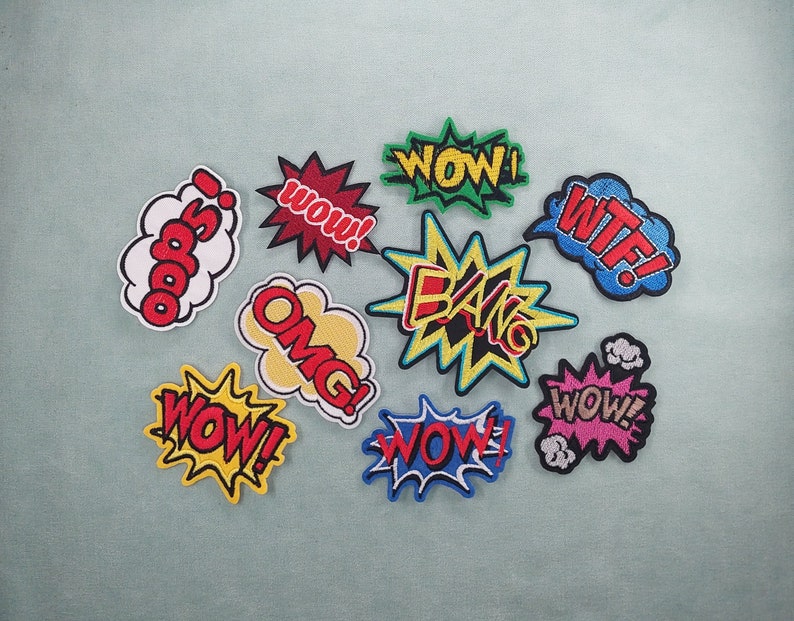 Embroidered iron-on comic onomatopoeia patch, pantonym badge, customize clothing and accessories image 1