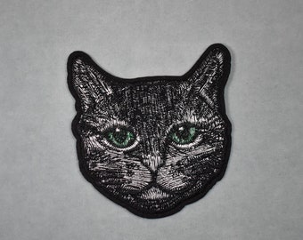 Silver cat patch, embroidered iron-on patch