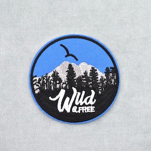 Aufbügelbarer Aufnäher mit Natur- und Freiheitsmotiv, Emblem „Wild & Free“, gestickter Aufnäher