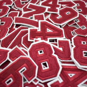 Iron-on garnet red number patches, Embroidered number badges, Numbers to Customize, Personalize