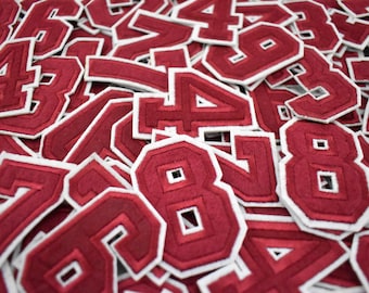 Iron-on garnet red number patches, Embroidered number badges, Numbers to Customize, Personalize