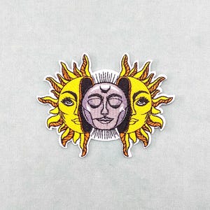 Mystischer Sonnen- und Mond-Illustrations-Patch, Psychedelische Illustration, Boho, Yoga, Meditation, Mandala