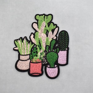 Grand patch pots plantes grasses 18.5 cm / 16 cm, Écusson bouquet cactus brodé sur fer