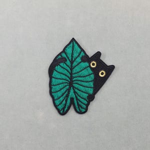 Cat and tree leaf patch, embroidered iron-on badge