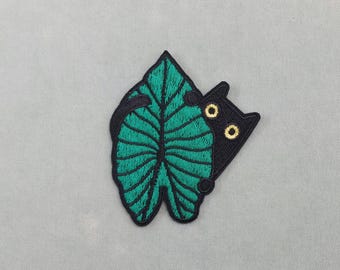 Cat and tree leaf patch, embroidered iron-on badge
