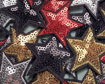 Set of 3 gold iron-on glitter star patches, badges to stick with iron