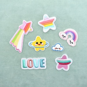 Gestickte Regenbogen-, Stern- und Wolkenaufnäher; gestickte Aufnäher zum Aufbügeln