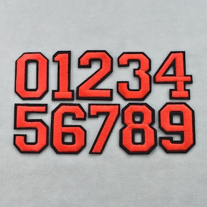 Iron-on red number patches, Embroidered number patches, Customizable numbers, Personalize