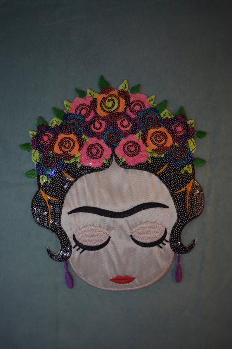 Patch portrait Frida, écusson thermocollant brodé avec paillettes, customiser vêtements et accessoires image 2