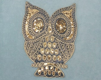 Golden owl applique in iron-on sequins, Or to sew, customize clothes and accessories