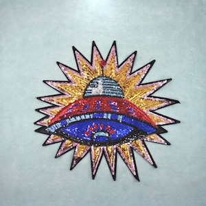 Large glittery iron-on UFO patch, glittery UFO emblem