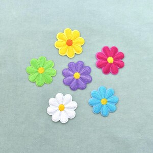 Set of 6 multi-colored iron-on flower patches, daisy patches in various colors embroidered on iron
